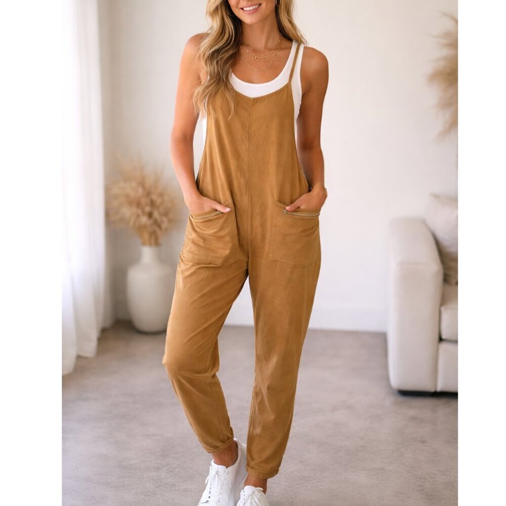 Ces Femme Size S Mustard Brown Sleeveless Skinny Jumpsuit